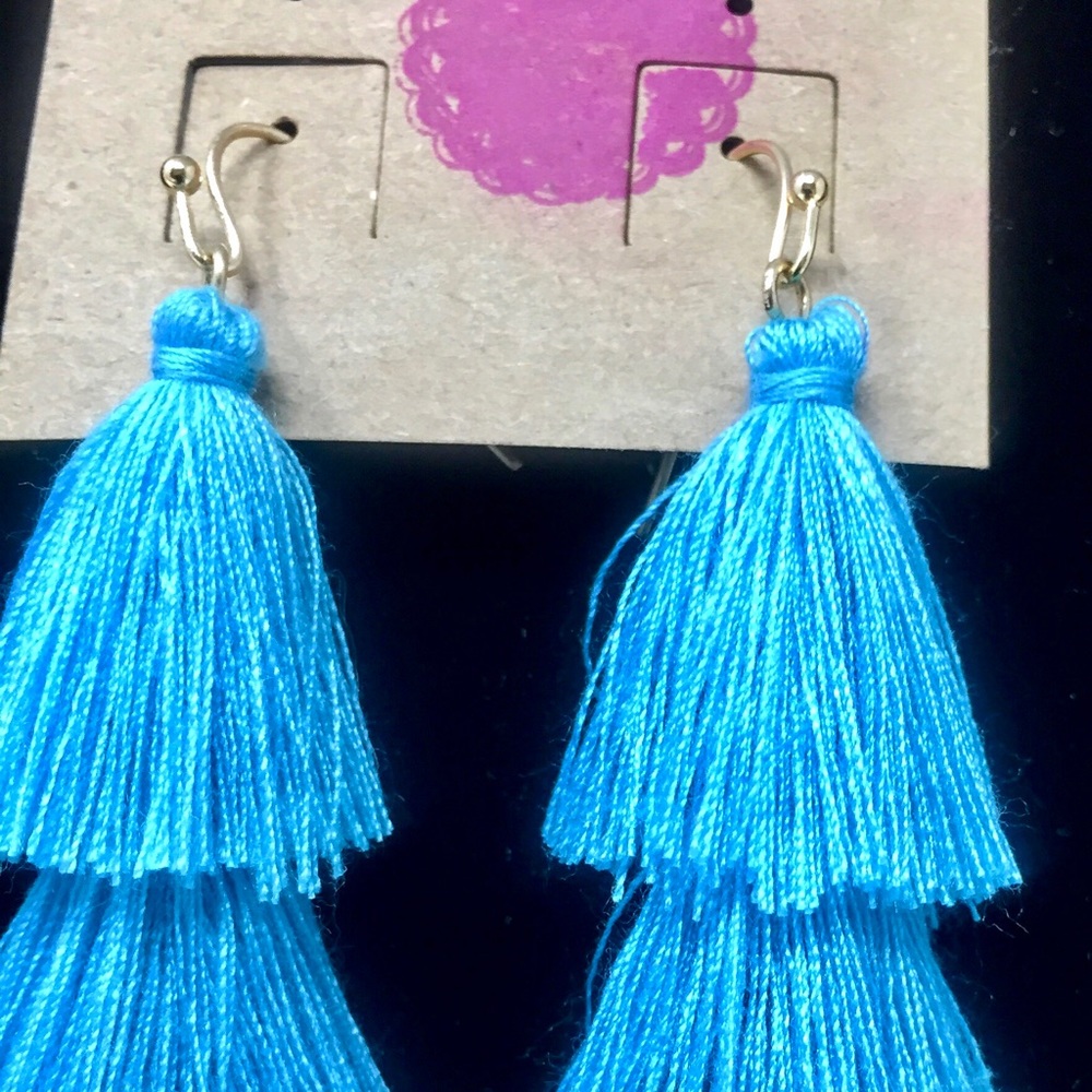 Teal tassel dangle earrings - Picture 2 of 2